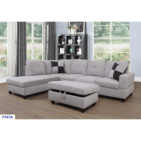 Modern L Shape Sectional Sofa Sets - Living Room Furniture with OttomansPillows - GreyWhite