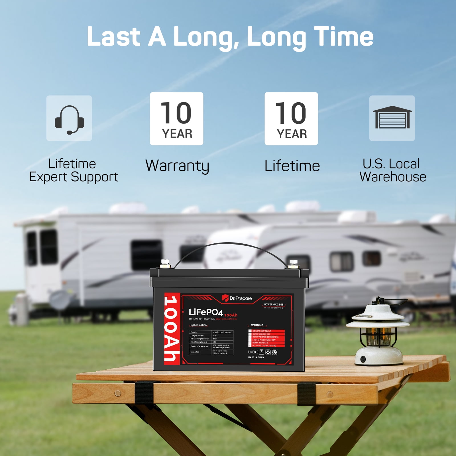 Dr. Prepare 12V 100Ah LiFePO4 Battery with Screen (Version Series 48V) , Lithium Deep Cycle Battery for RVs, Boats, Camping, Marine, Solar System