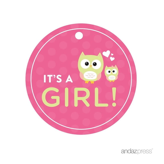Modern Owl Girl Baby Shower Round Gift Tags, Its a Girl!, 24-Pack