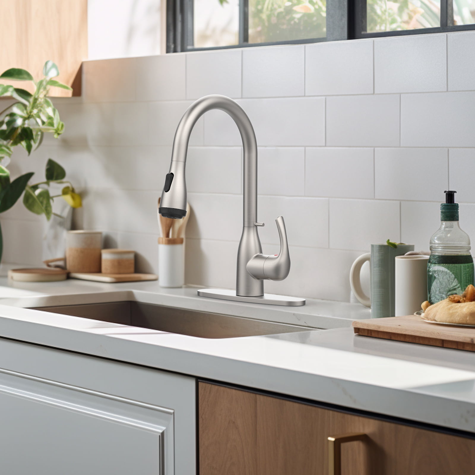 Kitchen Faucet with Pull Down Sprayer and 4 Spraying Modes Brushed Nickel Commercial 1 or 3 Hole Kitchen Faucets with Locking Buckle for Farmhouse Rv Bar Sinks