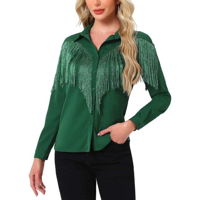 CAMISAS DE FRINGE PARA MUJER INSPIRADAS CHIC, DE MANGA LARGA, CON BOTONES, ESTILO COWGIRL OCCIDENTAL, VERDE OSCURO, TALLA M