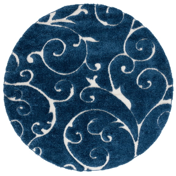 SAFAVIEH Florida Doug Floral Vines Geometric Shag Area Rug, Dark Blue/Cream, 4' x 4' Round