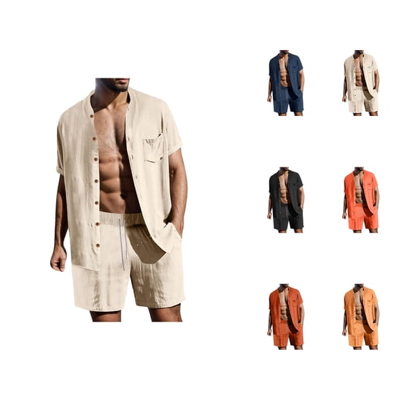 Short Sets for Men Lightweight Short Sleeve Button Down Stand Collar Shirt and Shorts 2 Piece Matching Set Summer Outfits