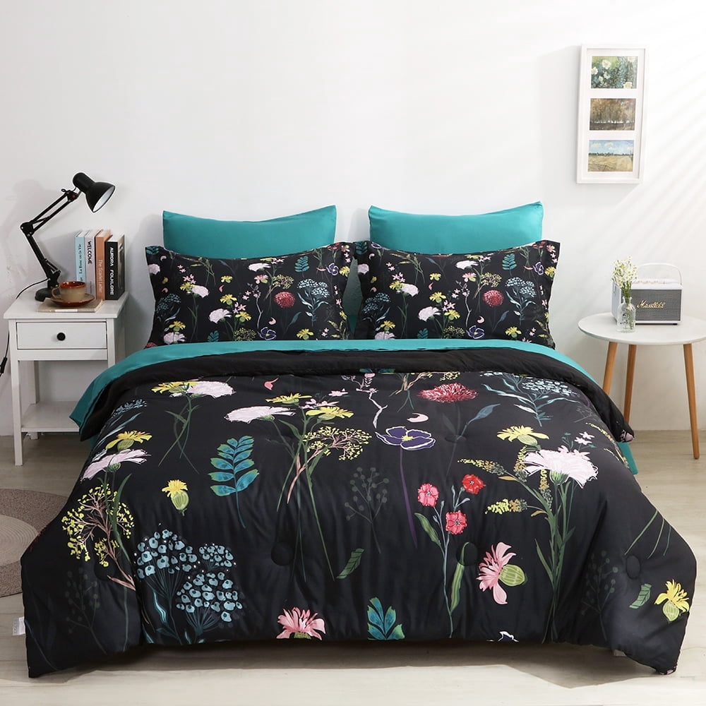 Wajade Colorful Floral Comforter Set 7 Piece Bed in a Bag Black Comforter Sets (1 Comforter, 2 Pillow Shams, 1 Flat Sheet, 1 Fitted Sheet, 2 Pillowcases, King Size)