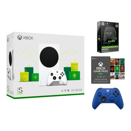 Xbox Series S 512GB All-Digital Holiday Bundle Console with Extra Shock Blue Controller, Game Pass Ultimate: 3 Month and Surge StarterPack