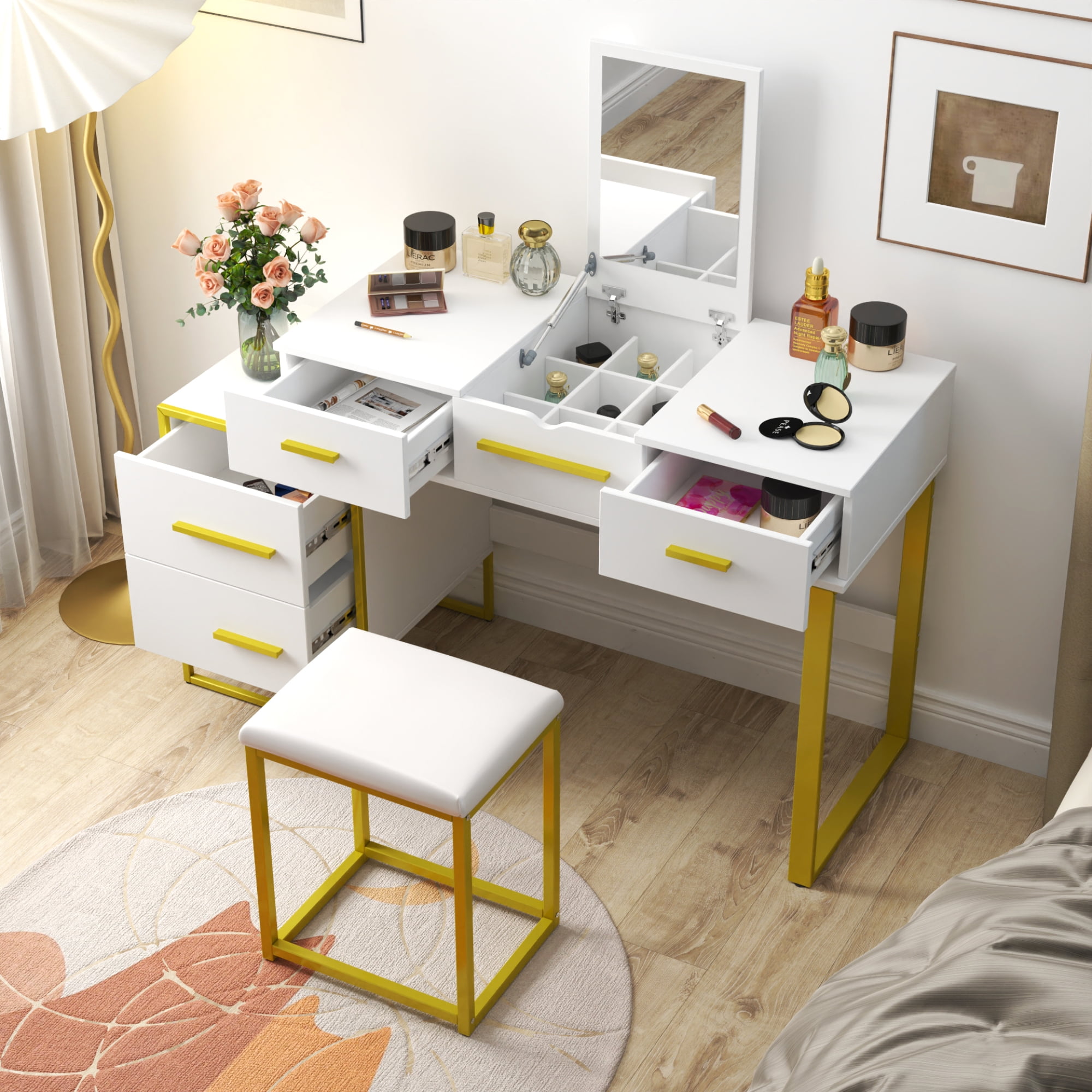Makeup Vanity Set with Mirror , Dresser Table with Nightstand , with 4 Drawers