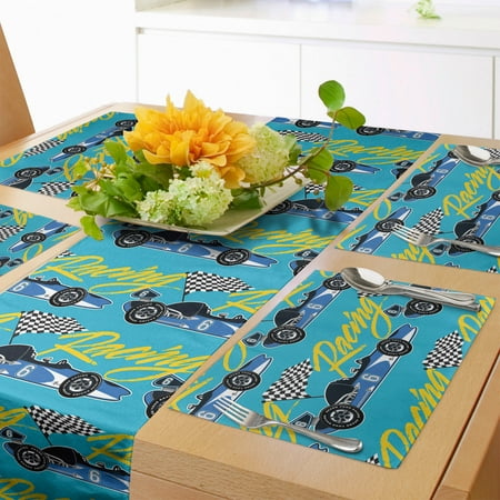 

Race Car Table Runner & Placemats Racing Cursive Calligraphy with Flags in Checkered Design and Sports Car Set for Dining Table Placemat 4 pcs + Runner 14 x72 Blue and Multicolor by Ambesonne