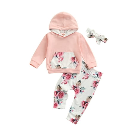 

IZhansean Infant Baby Girls 2pcs Clothes Flowers Printed Hooded Long Sleeve Pocket Tops+Pants Sets Pink 3-6 Months