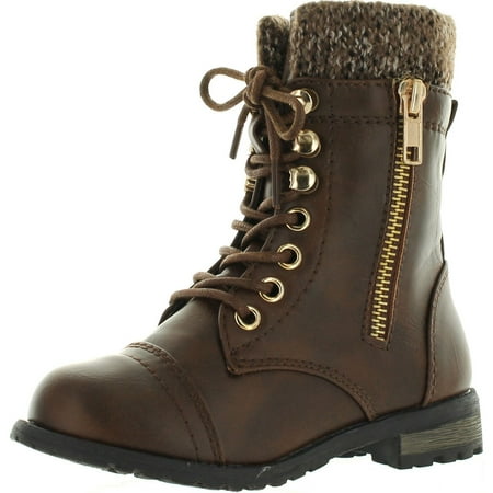 LInk Mango-31 Kids Round Toe Military Lace Up Knit Ankle Cuff Low Heel Combat Boots