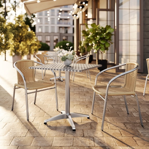 Flash Furniture 27.5'' Square Aluminum Indoor-Outdoor Table Set with 2 Beige Rattan Chairs