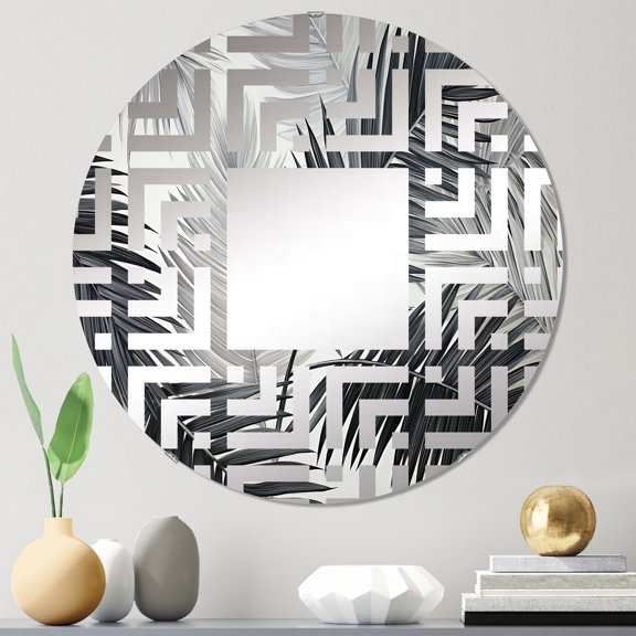 Designart "Tranquil Minimalist Tropical Palms" Palms & Palm Trees Maze Round Wall Mirror - Floral Oval Printed Decorative Mirror - Multiple Color Options