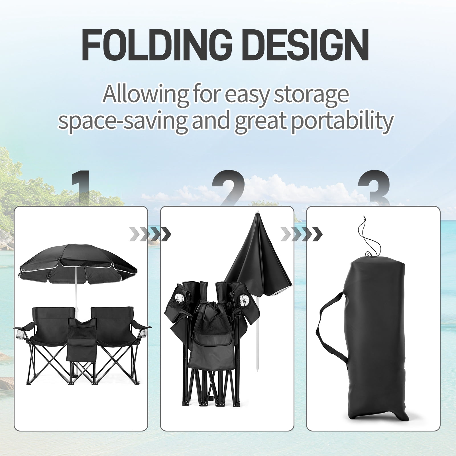 XL Double Folding Fishing Chair with Adjustable Umbrella,Iron Frame Chair with Insulated Cooler Bag, Cup Holder & Side Pocket, Portable 2-Person Outdoor Chair for Fishing Camping Beach
