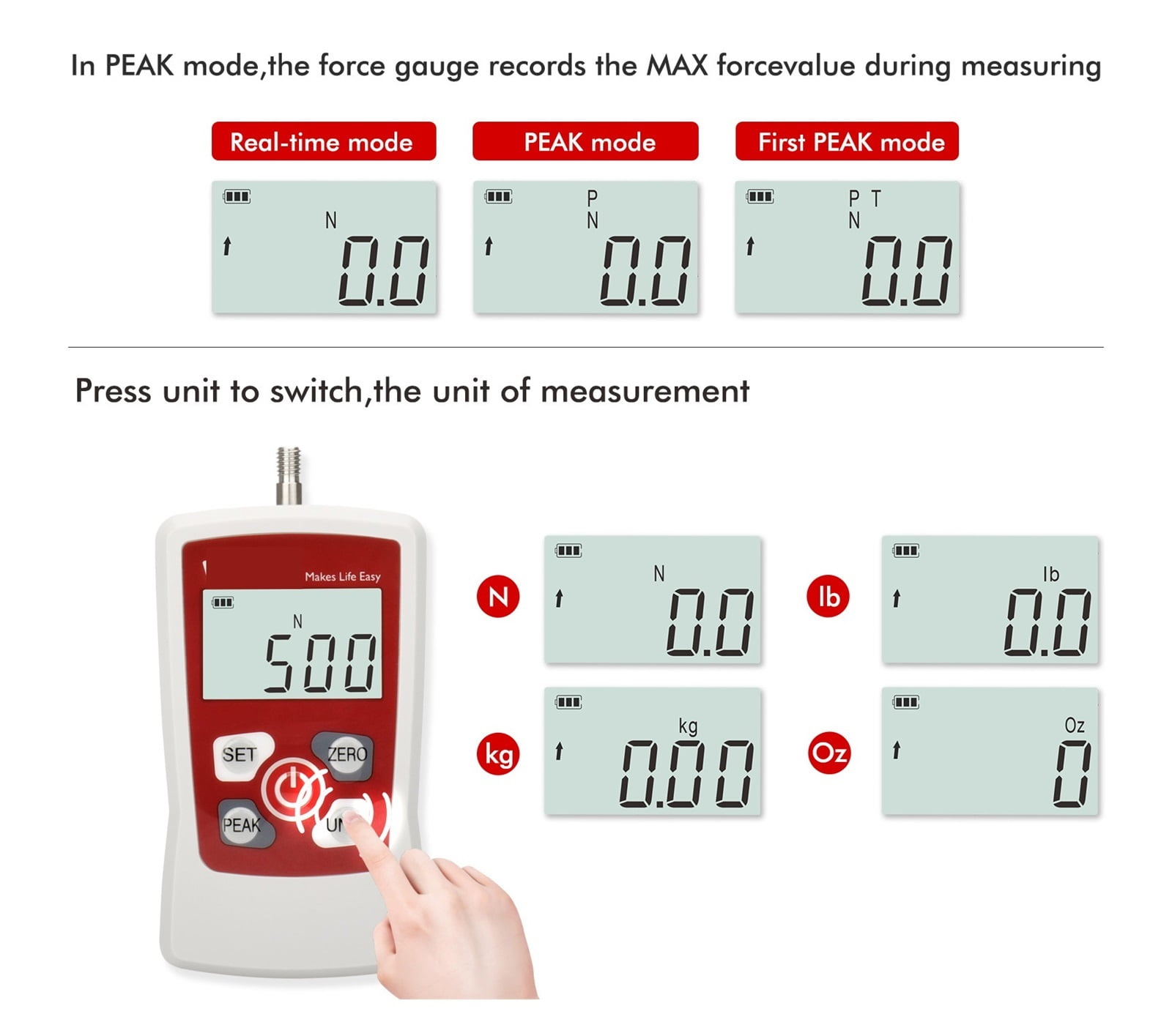 500N 50kg 110Lb 1800Oz Digital Force Gauge Push Pull Gauge Tester Portable Force Meter With Auto Backlit LCD Auto Power-Off
