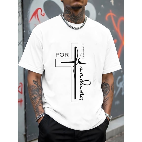 Spanish Christian T-Shirt Por Fe Andamos Cross Tee 2 Corinthians 5:7 Faith Shirt