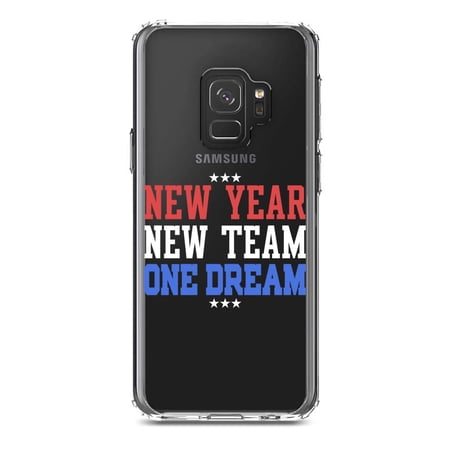 DistinctInk Clear Shockproof Hybrid Case for Samsung Galaxy S9 (5.8 Screen) - TPU Bumper Acrylic Back Tempered Glass Screen Protector - New Year New Team One Dream
