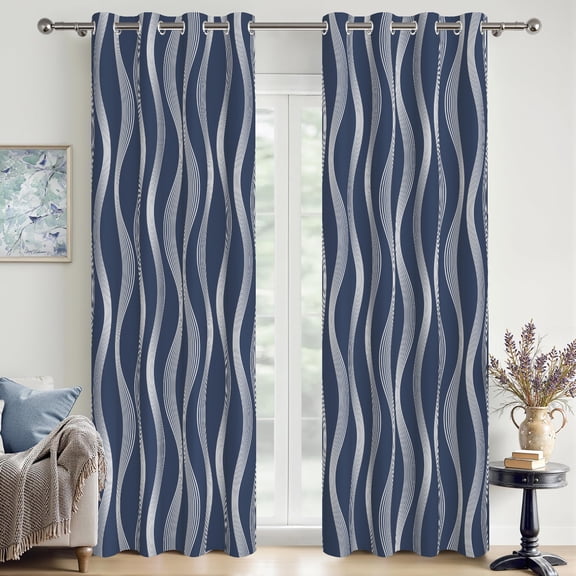 Aofoto Thermal Insulated Ombre Curtains,Silver Wave Print Blackout Drapes,42W x 63L Inch, Navy Blue, 2 Panels