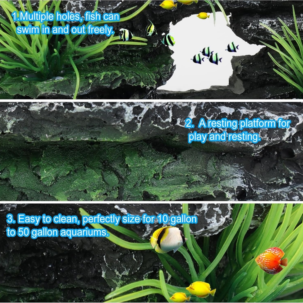 Resin Aquarium Mountain Decor with PVC Artificial Plants - Multi-Hole Cave & Resting Platform for Fish, Natural Stone Look Decoration for 10-50 Gallon Freshwater Tanks