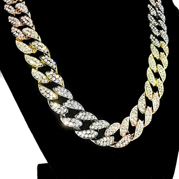 Tri-Tone Cuban Chain Yellow Gold Rose Gold Silver Finish Bling Tritone Hip Hop Necklace 20" Inch Long  x 16MM