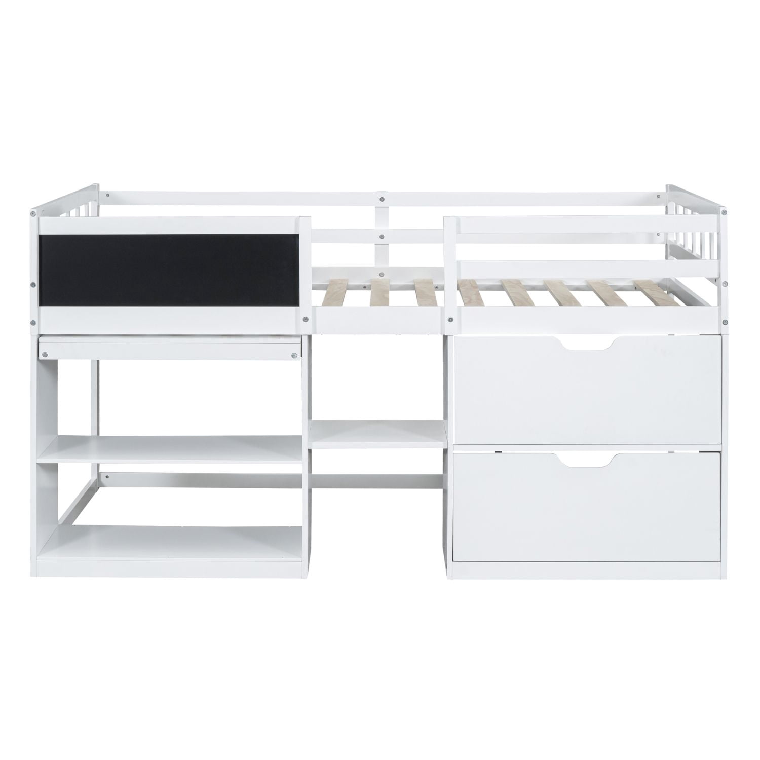 Asteroutdoor Twin Size Low Loft Bed with Rolling Desk, Shelf and Drawers - White