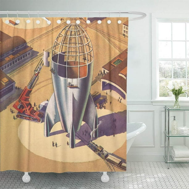 Vintage Science Fiction Rocket Ship, Rocket Ship Shower Curtain