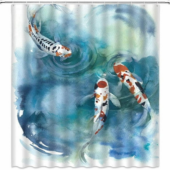shiyou-Koi Fish Shower Curtain Japanese Colorful Carp in The Pond Watercolor Ink Painting Art Asian Fabric Bathroom Decor Set 70x70 Inches Include Hooks