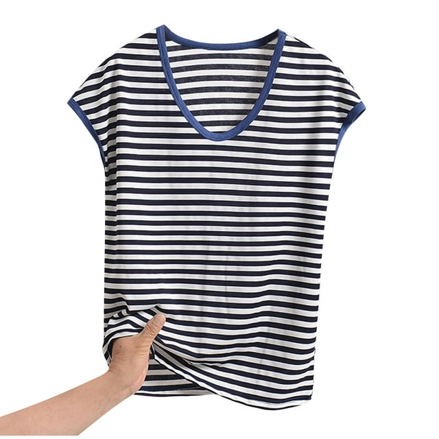 Bocqde Hauts de Pyjama d'Été pour Femmes Grande Taille Mode à Rayures Imprimées Col Rond T-Shirt de Pyjama pour Femmes Coupe Décontractée Confortable Manches Courtes Hauts de Détente