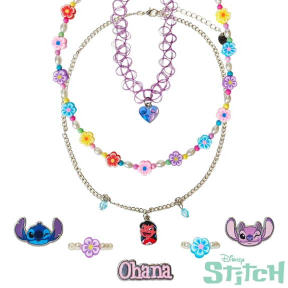 LUV HER Disney Lilo and Stitch Colorful Jewelry 8 pieces Set for Girls, Official Licensed- Necklaces and Metal Charm Rings - Birthday and Party Favor - Ages 3 
