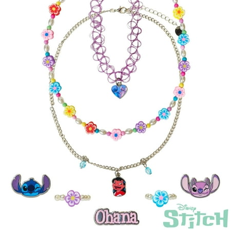 LUV HER Disney Lilo and Stitch Colorful Jewelry 8 pieces Set for Girls, Official Licensed- Necklaces and Metal Charm Rings - Birthday and Party Favor - Ages 3+