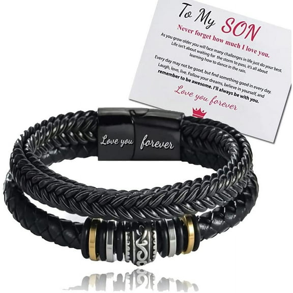 Braided Leather Bracelet "I Will Always Be With You", Men's Personalised Double Row Woven Leather Motivational Bracelet, Gift for Son With Love You Forever (Grandson)