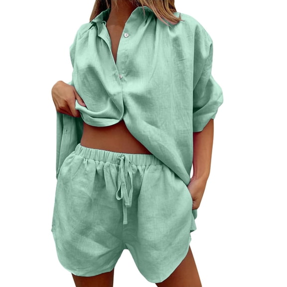 GPOECD Short Sets Women 2 Piece Outfits Summer Women's Casual Two Piece Tracksuit Half Sleeve Button Down Shirt with High Waisted Shorts Women Short Sets Green,XL