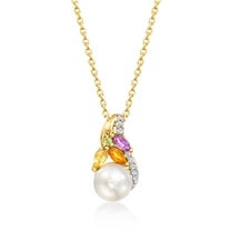 Ross-Simons 6.5-7mm Cultured Pearl and .30 ct. t.w. Multi-Gemstone Pendant Necklace in 18kt Gold Over Sterling, Women's, Adult
