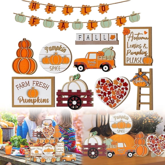 CoreLiving Fall Decor Tiered Tray Decor Signs Autumn Leaves Pumpkin Decor for Home Kitchen Table Centerpieces Party Living Room Office