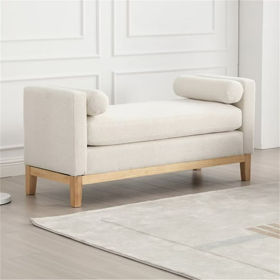 End of Bed Bench, 53.5" Boucle Fabric Upholstered Entryway Bench with Wood Legs & Bolster Pillows, Rolled Arm Cushioned Ottoman Foot Rest Long Stool Window Extra Seating for Bedroom, Ivory