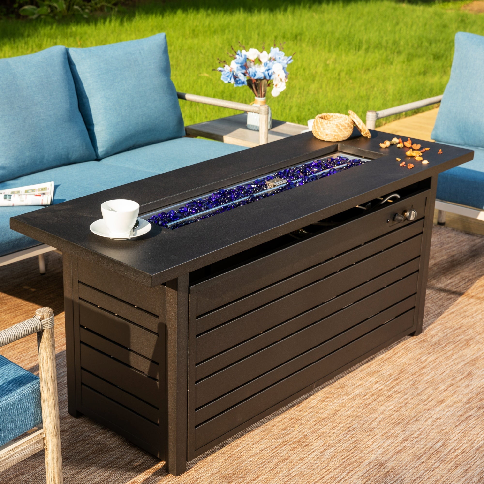 SUMMIT LIVING 56" Rectangular Propane Fire Pit Table, 50,000 BTU Gas Fire Pit with Lid and Blue Fire Glass, Black