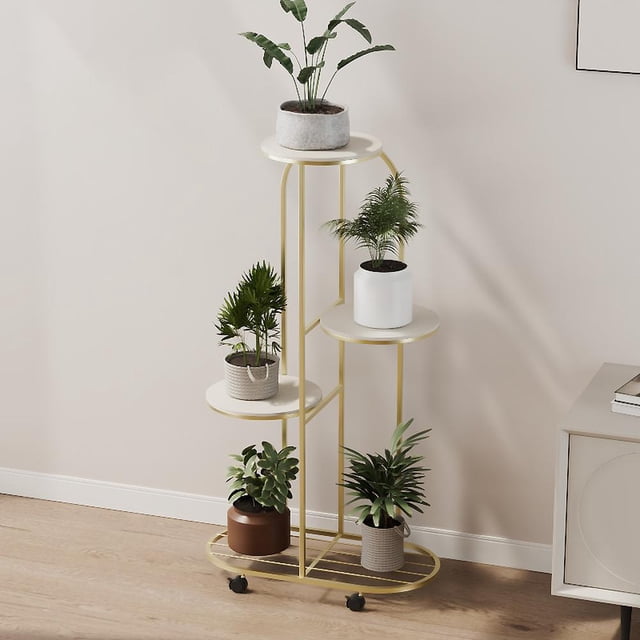 Plant Stand Indoor Outdoor, Wrought Iron Flower Display Stand With Movable Wheels, Multiple Planter Rack Organizer For Living Room Patio Gardening