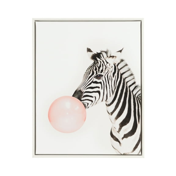 DesignOvation Funny Zebra With Bubble Gum 16"x 20" Framed Canvas Art Print by July Art Prints