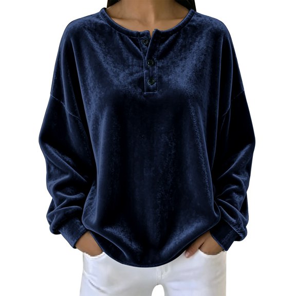Velvet Tops for Women 2026 Long Sleeve Shirts Casual Loose Fit Velour Pullover Tee Shirts Soft Comfy Warm Lightweight Basic Tops by Yigetop Navy L