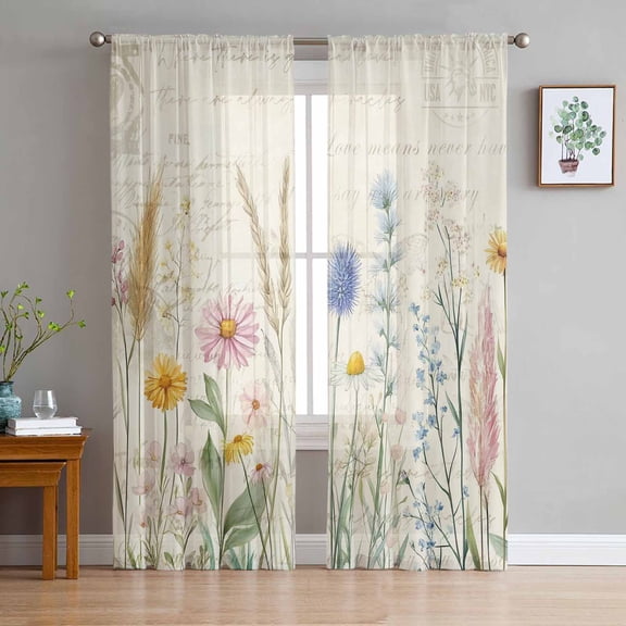 Spring Floral Semi Sheer Window Curtains 96 Inches Long, Summer Farmhouse Vintage Botanical Rod Pocket Voile Silky Chiffon Curtain Treatment Drapes for Kitchen, Living Room, 52"x96", 2 Panels