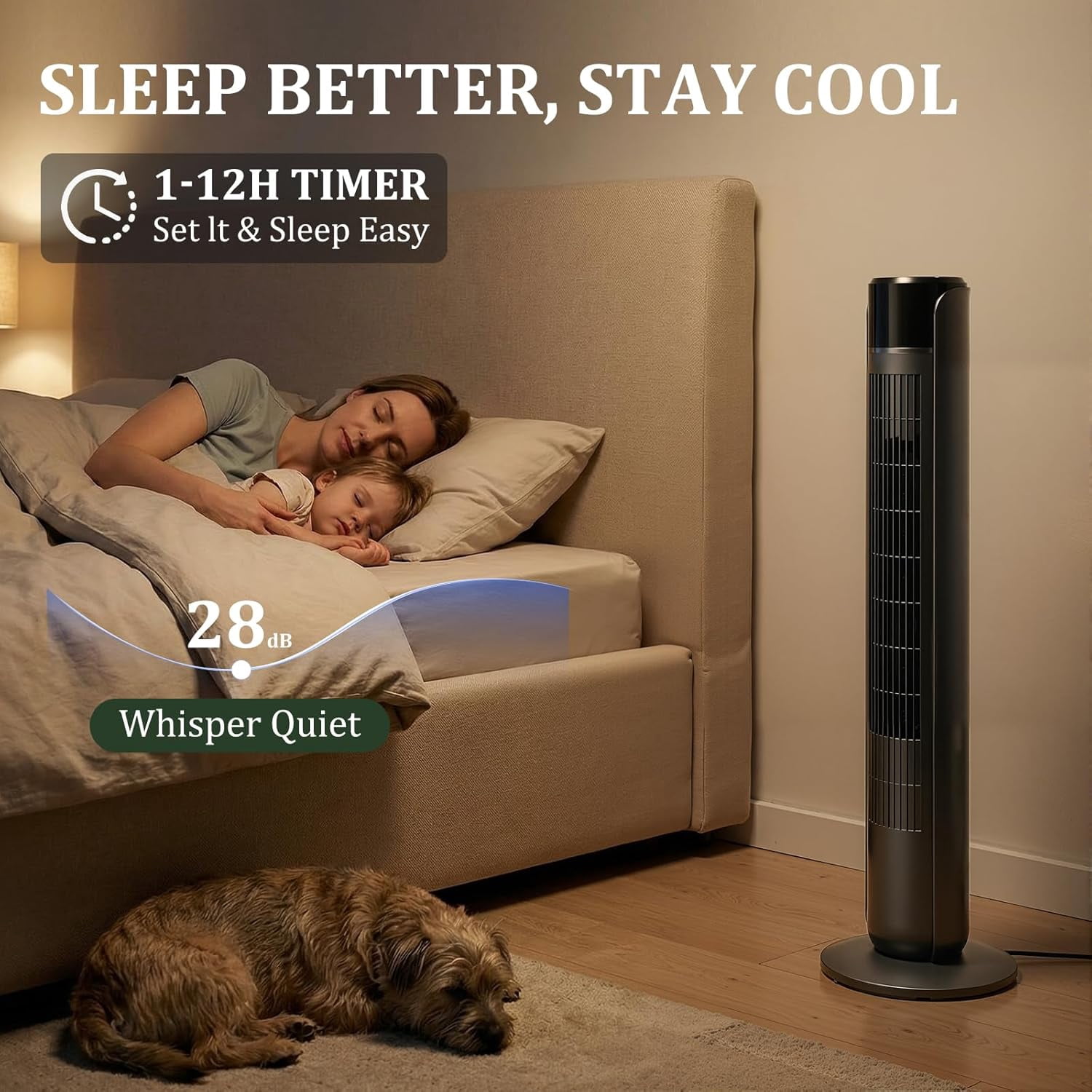 Blazezo Tower Fan With Remote, 60° Oscillating Bladeless Cooling Fan, 28dB Quiet Standing Floor Fan for Bedroom Home Office, 5 Speeds 4 Modes 12H Timer