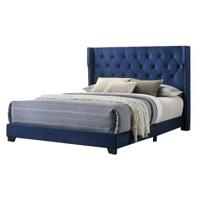 Lit en Velours Bleu Marine avec Tête de Lit Capitonnée Taille Grand