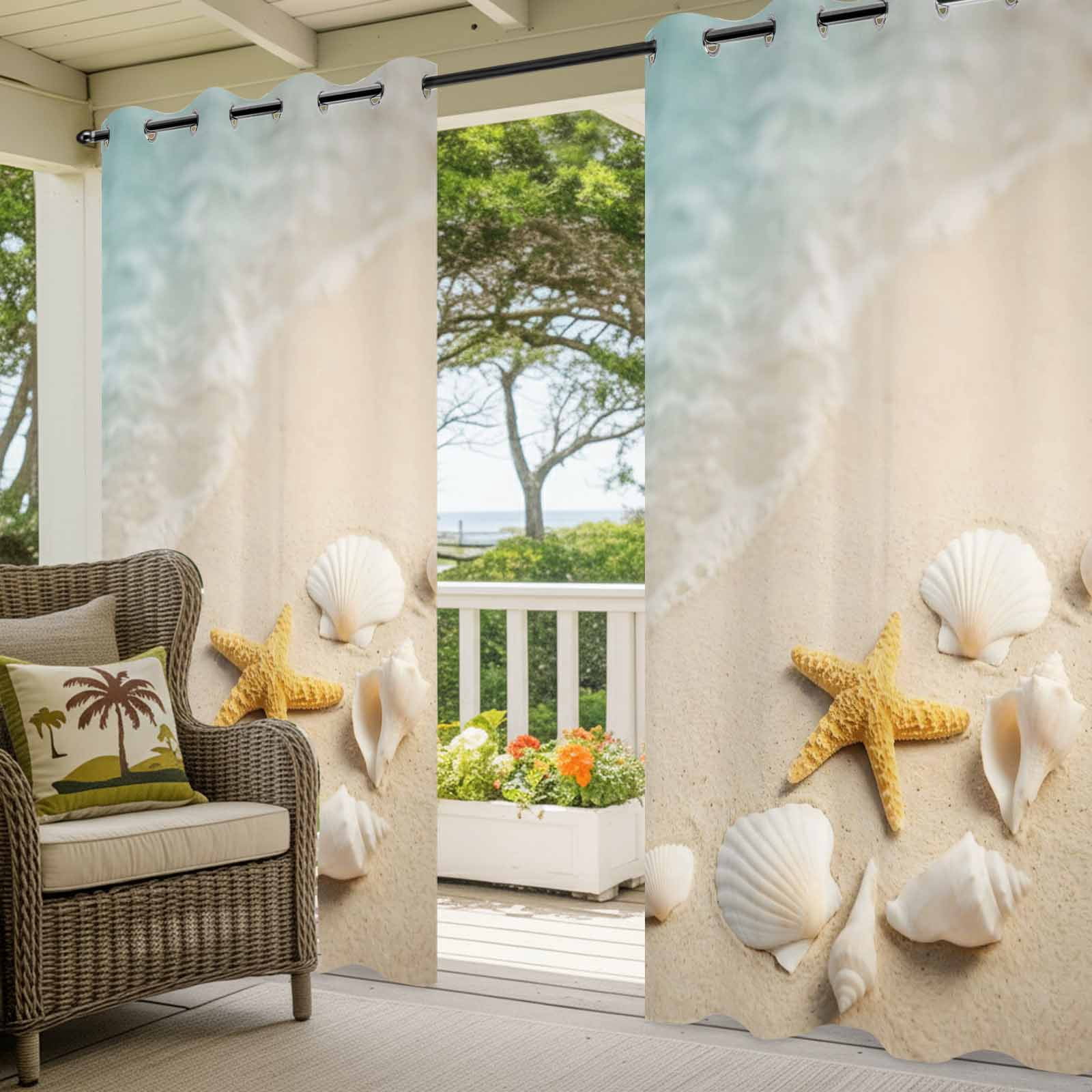 Ocean Outdoor Curtains for Patio, Summer Beach Teal Sea Wave Starfish Seashells Beige Sand Sunshade Privacy Drapes Grommet Waterproof Outside Curtains for Porch/Cabana/Balcony 54"x 108", 2 Panel