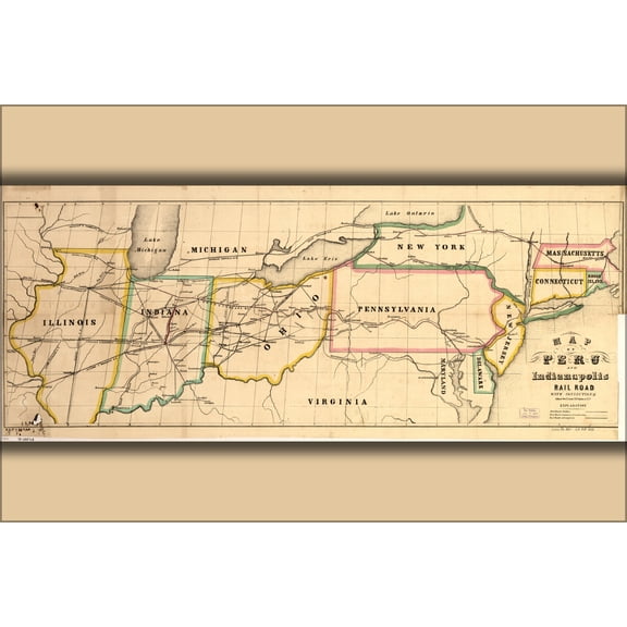 24"x36" Gallery Poster, Map of Peru and Indianapolis RailRoad 1850