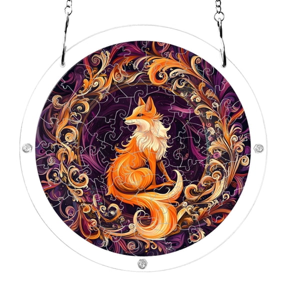 Orange Fox on Garland Acrylic Jigsaw Puzzles 83 Pieces Suncatcher for Window Hanging 7.5 Inch Holiday Home Decor