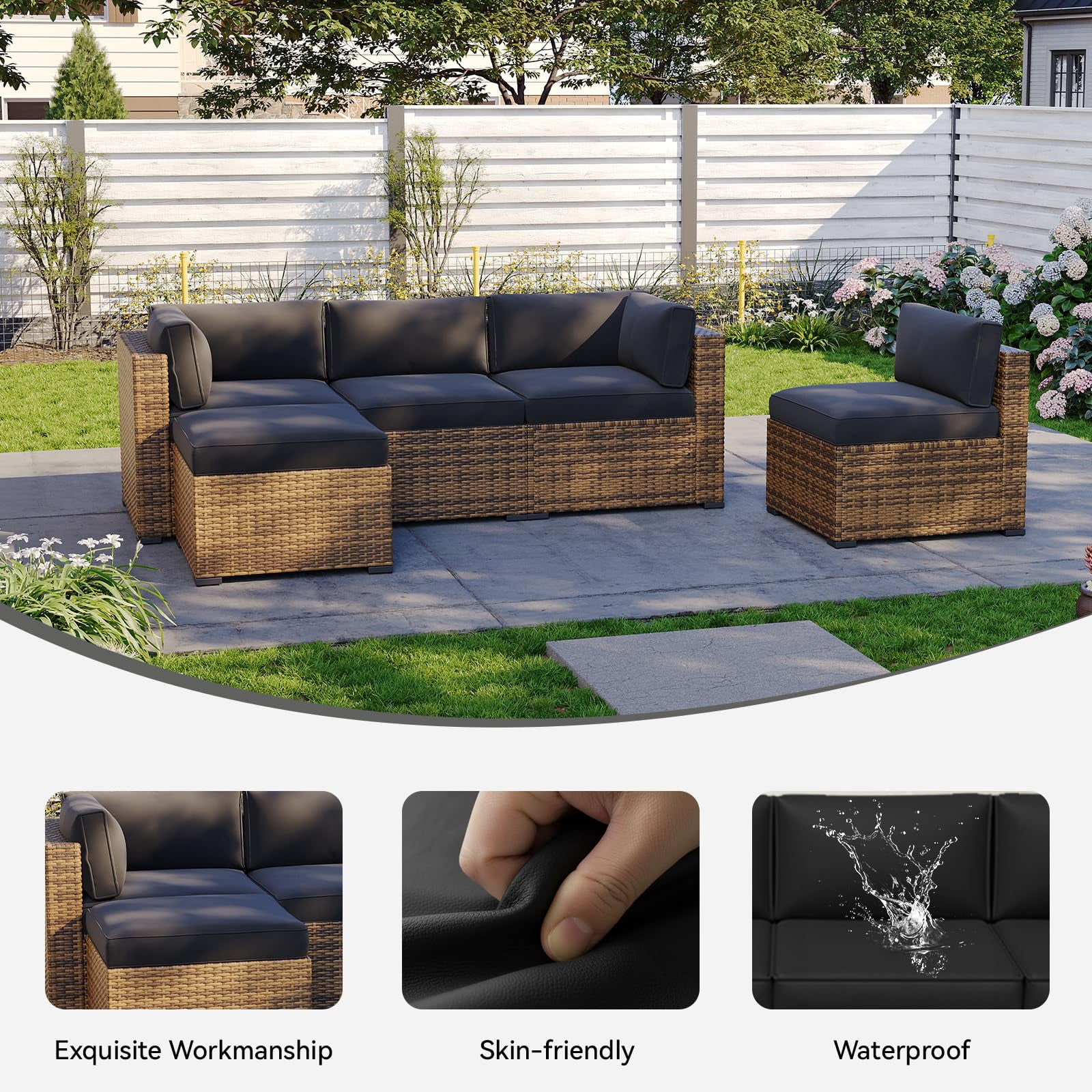 Clouddwell 11-Piece Outdoor Cushion Slipcovers Replacement for 5-Seat Wicker Sectional-Waterproof, Non-Slip Bottom (Black)