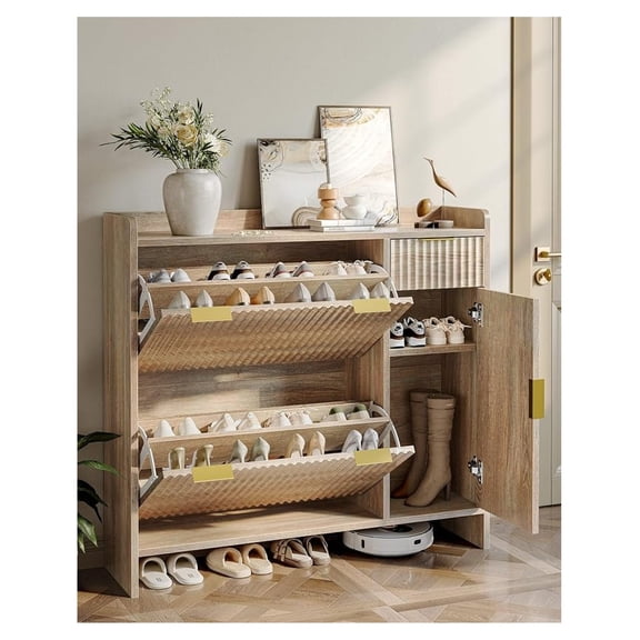 Modern Fluted Shoe Storage Cabinet with 2 Drawers & Sliding Door, Wide Freestanding Shoe Organizer for Entryway, Hallway, 42 inch, Natural Oak