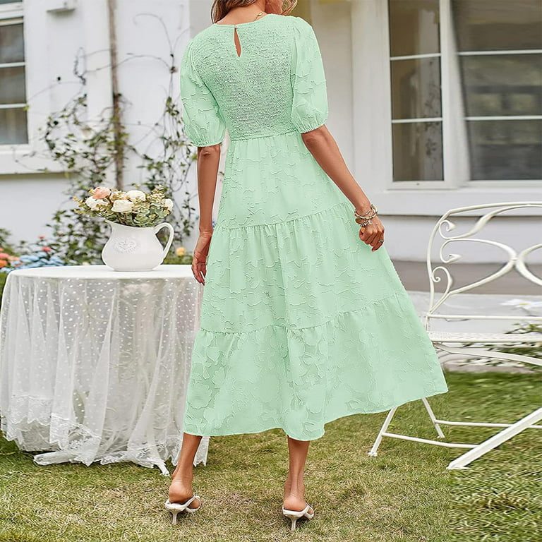 QUYUON Formal Dresses for Women Evening Party Floral Lace Cocktail Dresses  Casual Loose Round Neck Short Sleeve Ruffle Midi Dress Pleated A-Line Tulle  Wedding Guest Dress Style D-1267 Mint Green M 