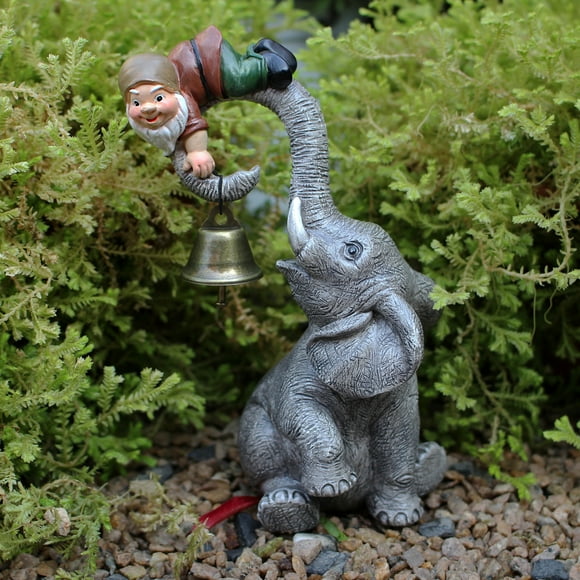 Visland Elephant Garden Ornament Statue Resin Bell Holding Dwarf Statue Fairy-tale Mini Painted Decorations for Patio Yard Lawn Porch Home Party Outdoor