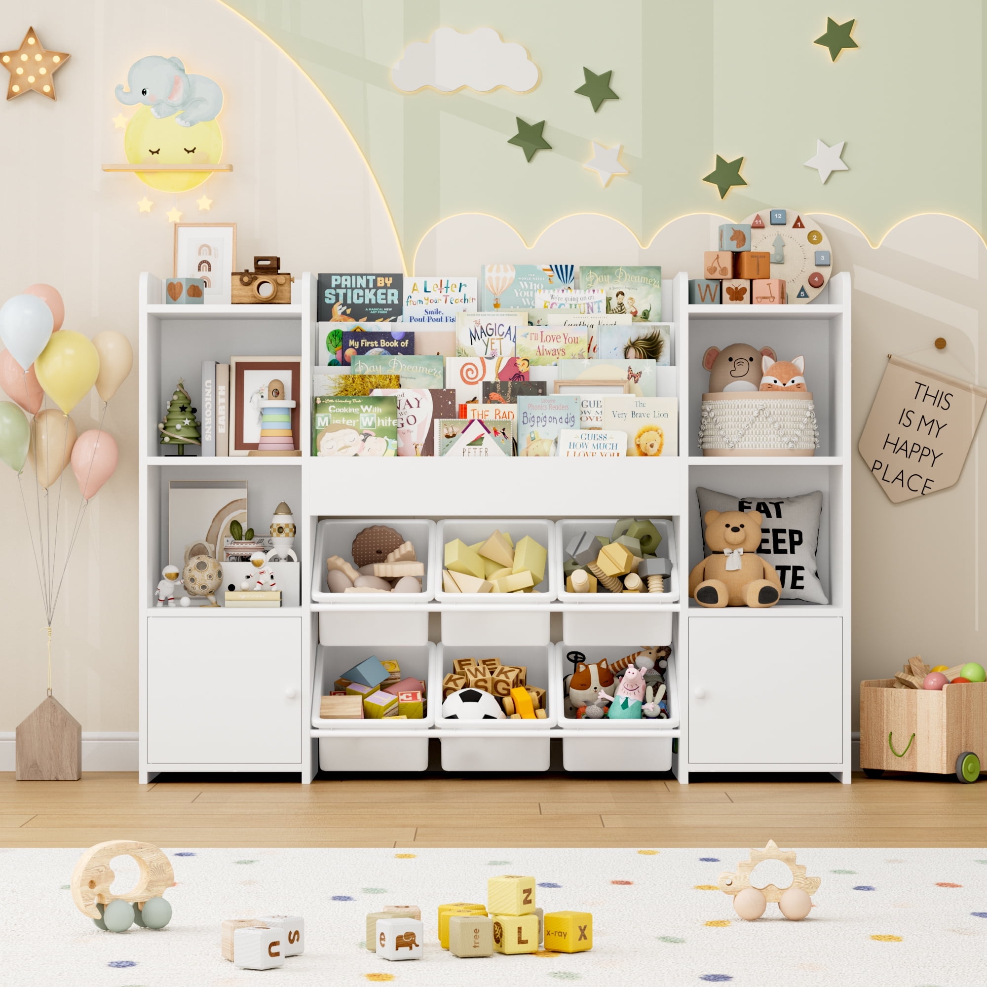 Hiphuta Kids Bookcase Toy Storage Organizer, Wooden Toy Chest for Kids with 6 Removable Toy Boxes, Kids Storage Bookshelf for Home Bedroom Playroom, White