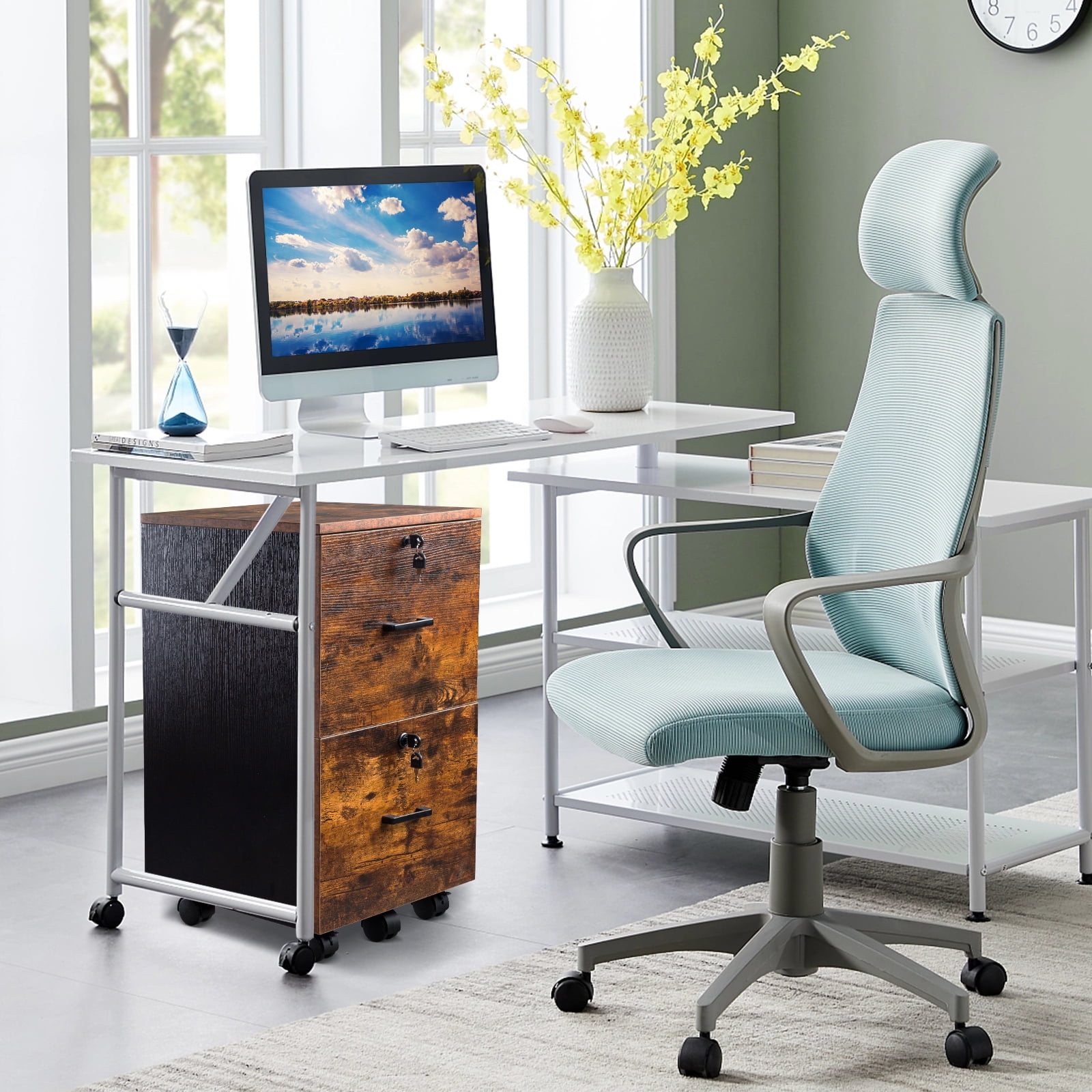 Ktaxon Mobile File Cabinet with Lockable 2-Drawer, Rolling Wood Filing Cabinet, Printer Stand, for A4&Letter-Size, Brown & Black