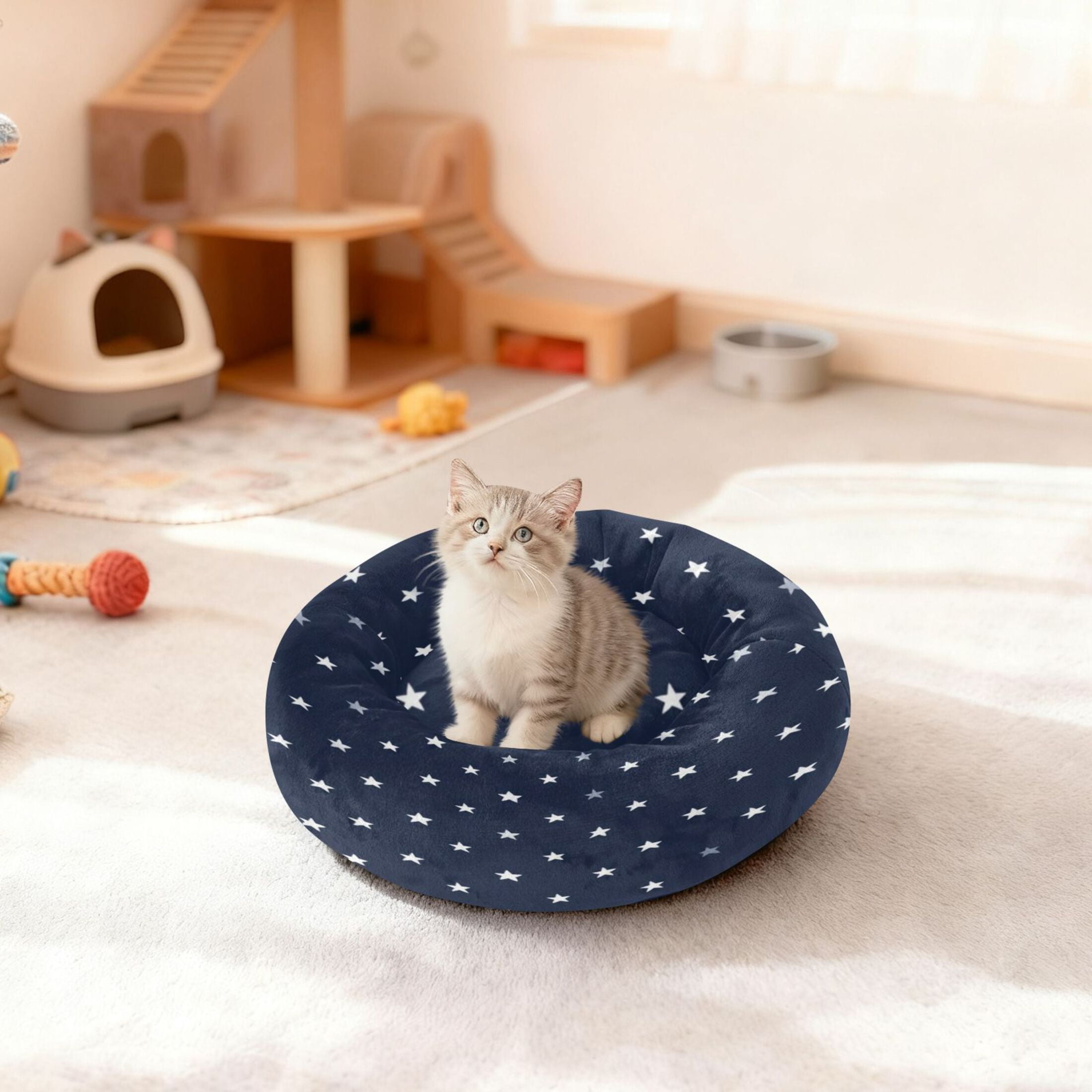 Iauyy Pet Couch Donut Cat Bed for Indoor Cats/Small Dogs Washable & Machine with Non-slip Bottom Calming Cat Furniture, White Star (S)